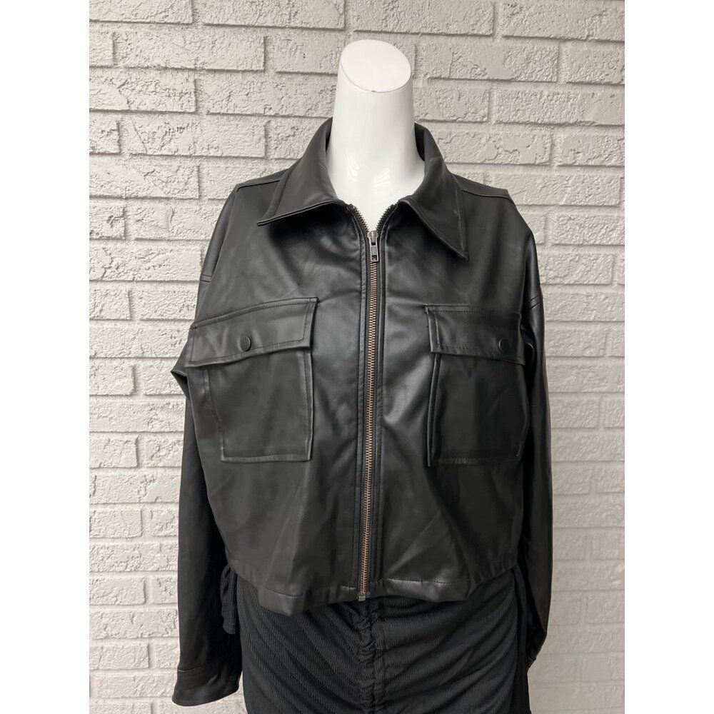 Celebrity Pink Women's Long Sleeve Black Cropped Faux Leather Jacket Size S